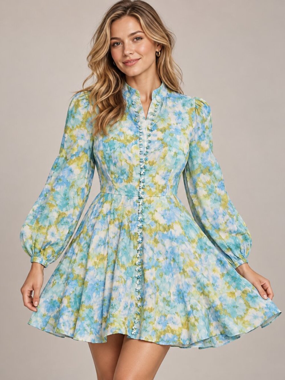 Zimmermann Watercolor Floral Dress in Blue, Green & Yellow
